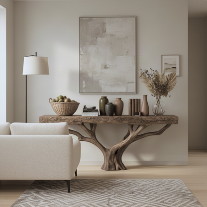 Elmora tree branch console table used as a sofa table behind a cream sofa, styled with vases, books and dried flowers, shown in size L (70"W)