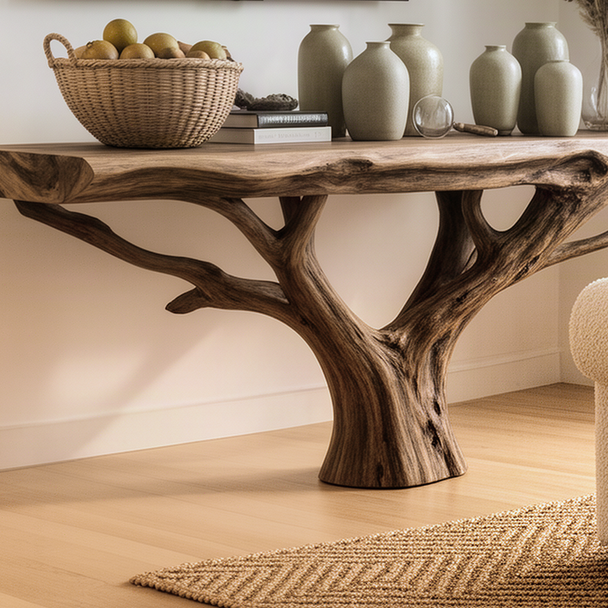 Close-up of the Elmora console table carved tree trunk and branches supporting a thick live-edge solid wood top, shown in size L (70"W)