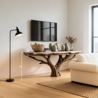Elmora sculptural wood console table dimensions guide showing width, depth and height under a wall-mounted TV, shown in size L (70"W)