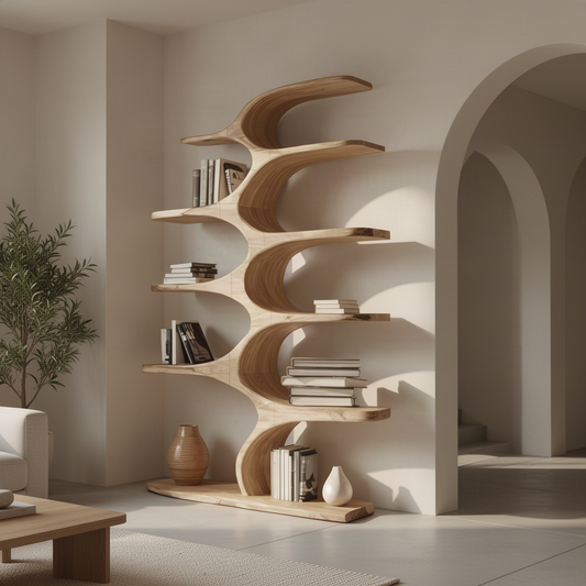 Tidecrest sculptural wood bookshelf in natural oak with wave-shaped spine and cantilevered open shelves
