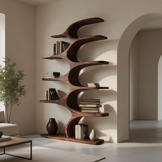 Tidecrest wave bookshelf in walnut finish, handcrafted solid wood open shelving with curved crescent supports