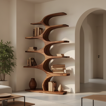 Tidecrest sculptural bookshelf in warm brown wood with alternating cantilevered shelves and plinth base