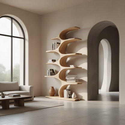 Oak Tidecrest sculptural wood bookshelf styled in a bright organic modern living room with arched window