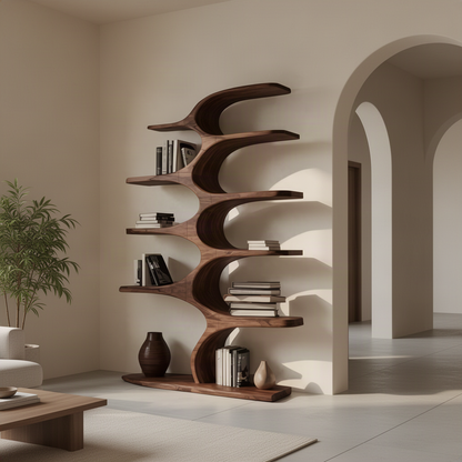 Walnut Tidecrest freestanding wave bookshelf displaying books and vases in a Mediterranean style living room