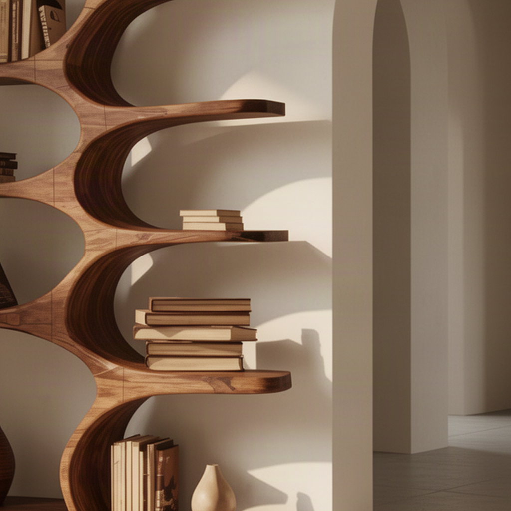 Close-up detail of Tidecrest bookshelf natural wood grain, curved crescent supports and cantilevered shelf edges