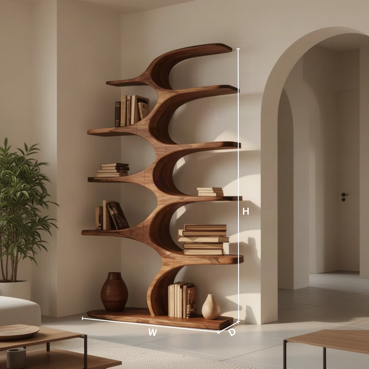 Tidecrest sculptural wood bookshelf dimensions diagram showing height, width and depth