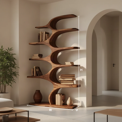 Tidecrest sculptural wood bookshelf dimensions diagram showing height, width and depth