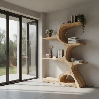 Arbora sculptural wood bookshelf in natural oak shaped like a twisting tree trunk with branching open shelves
