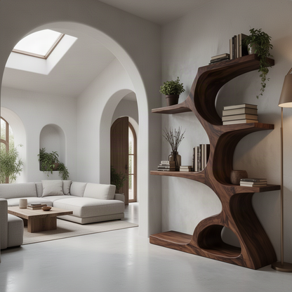 Walnut Arbora tree trunk bookshelf, handcrafted solid wood with S-curved body and rounded hollow base