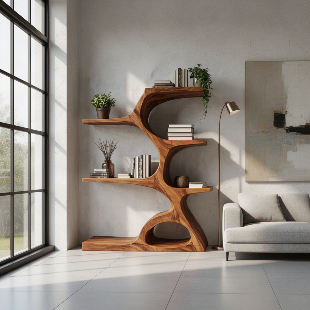 Arbora sculptural bookshelf in warm brown wood with branching cantilevered shelves and wide base shelf