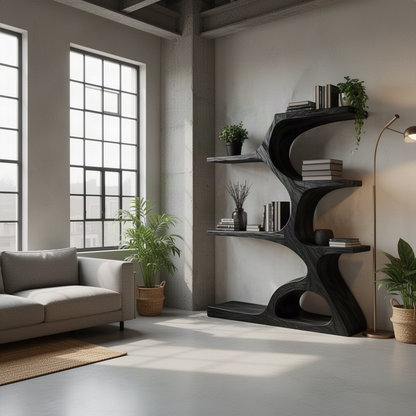 Black wood Arbora tree trunk bookshelf styled with books and plants in an industrial loft living room