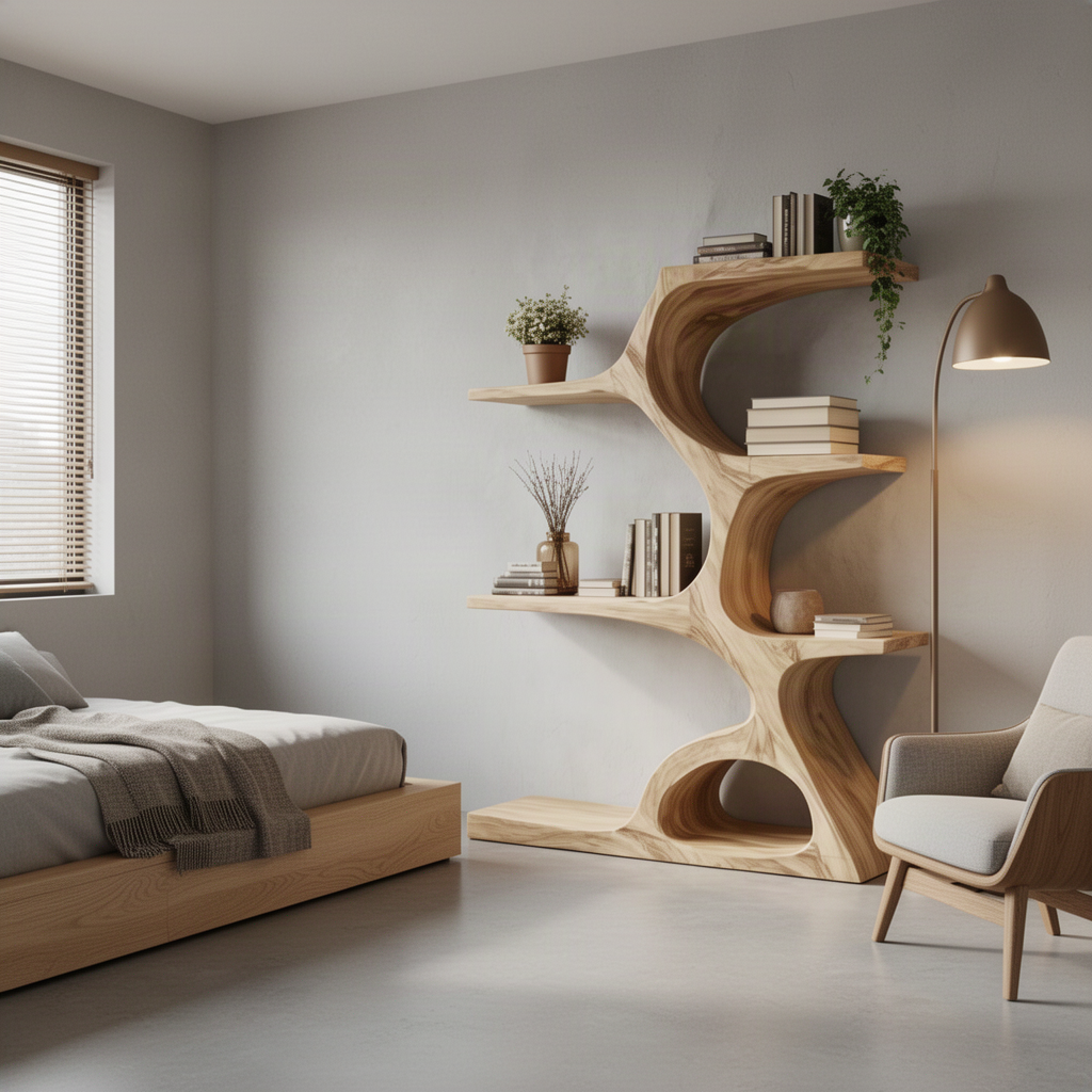 Oak Arbora sculptural wood bookshelf in a minimalist bedroom next to a reading chair and floor lamp