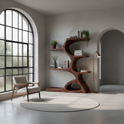 Walnut Arbora freestanding tree bookshelf in a bright room with arched window and lounge chair