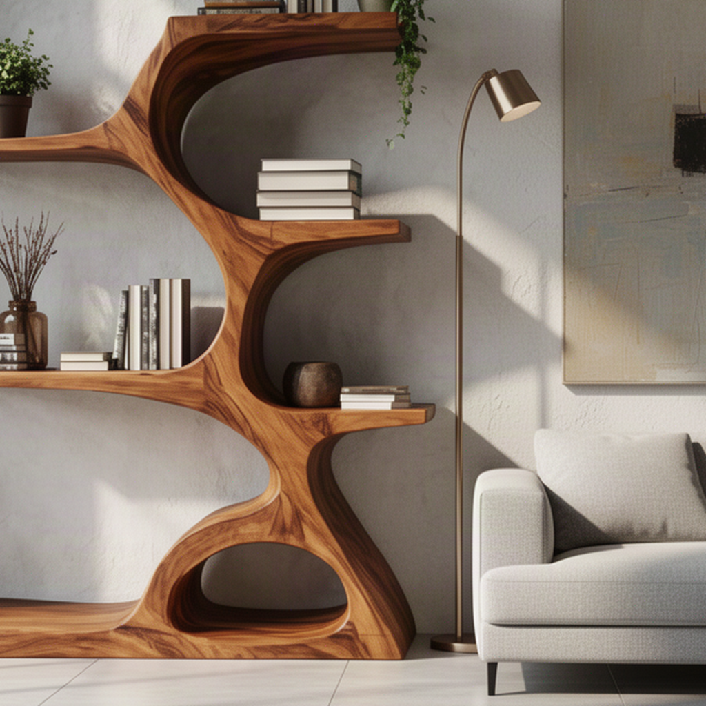 Close-up of Arbora bookshelf natural wood grain, curved trunk joints and rounded hollow at the base