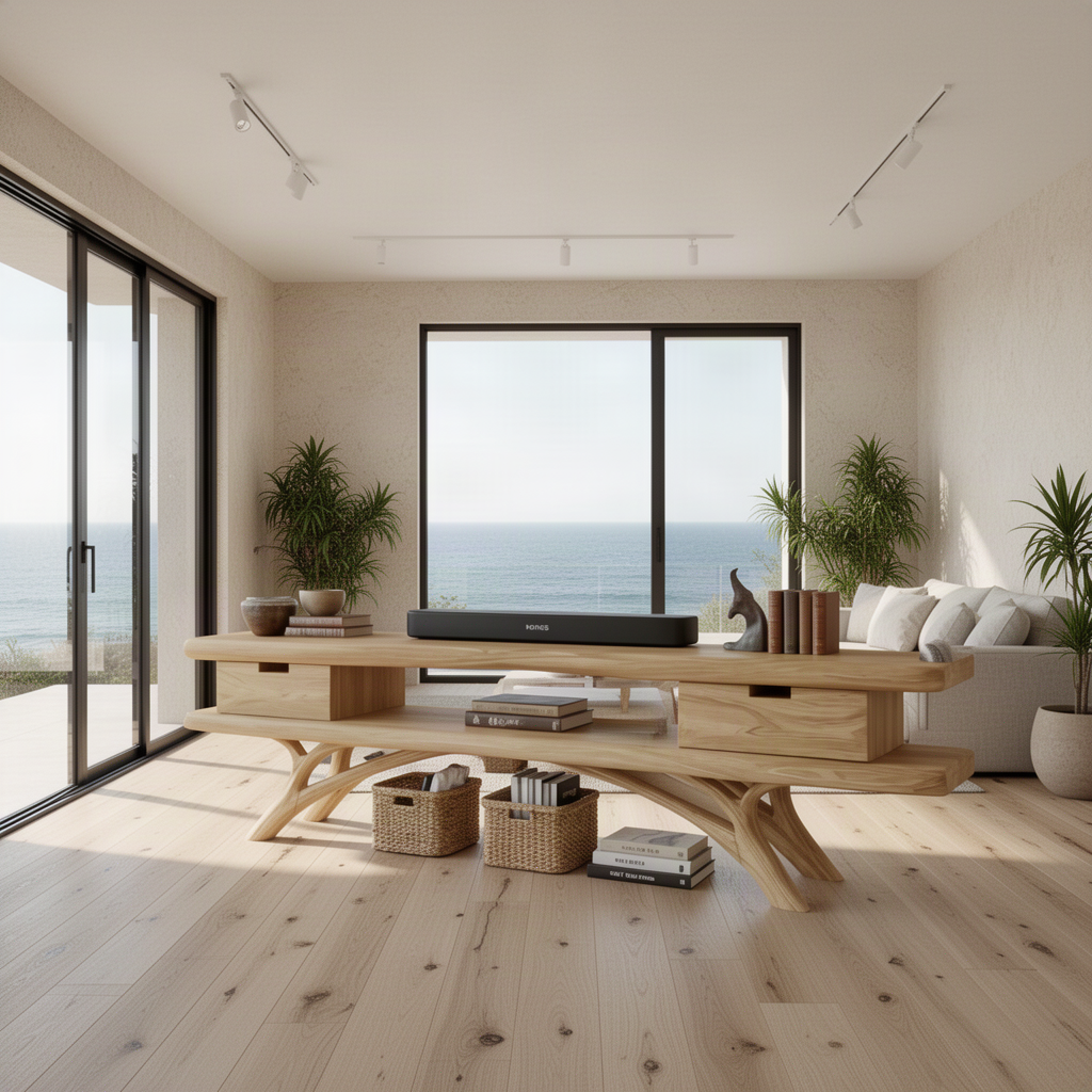 Rootline sculptural wood TV stand in natural oak with organic branch base, two drawers and open lower shelf