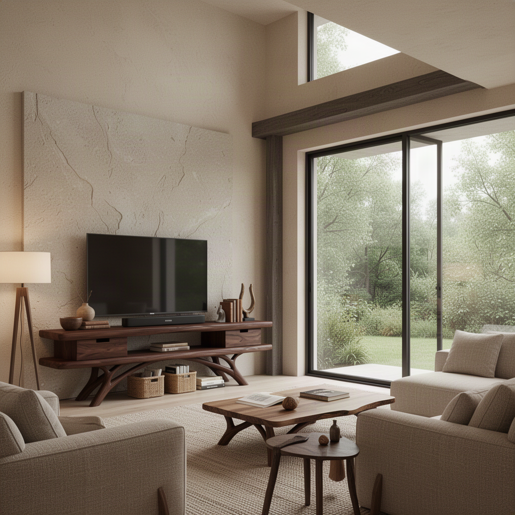 Walnut Rootline media console with curved root-like legs, solid wood drawers and open shelf under a TV