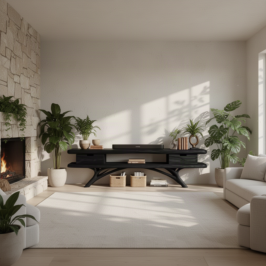 Black wood Rootline TV stand with organic branch base in a bright living room beside a stone fireplace
