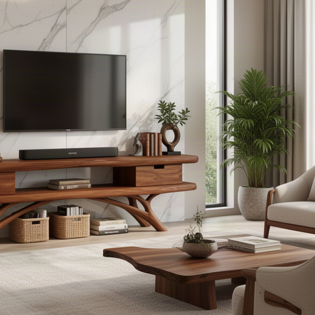 Close-up of Rootline walnut TV stand showing natural wood grain, drawer front and curved branch legs