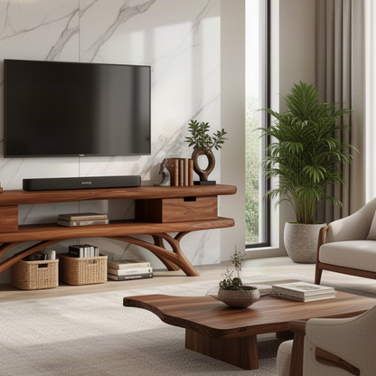 Close-up of Rootline walnut TV stand showing natural wood grain, drawer front and curved branch legs