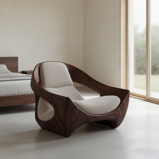 Walnut Cradle carved wood accent armchair with curved back, open side cut-outs and textured cushions