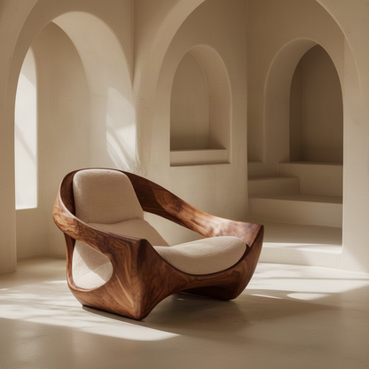 Cradle sculptural lounge chair in warm brown solid wood with plush upholstered seat and back