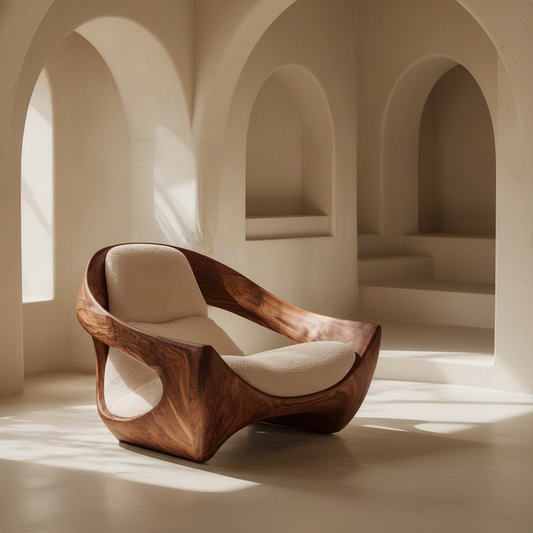 Cradle sculptural lounge chair in warm brown solid wood with plush upholstered seat and back