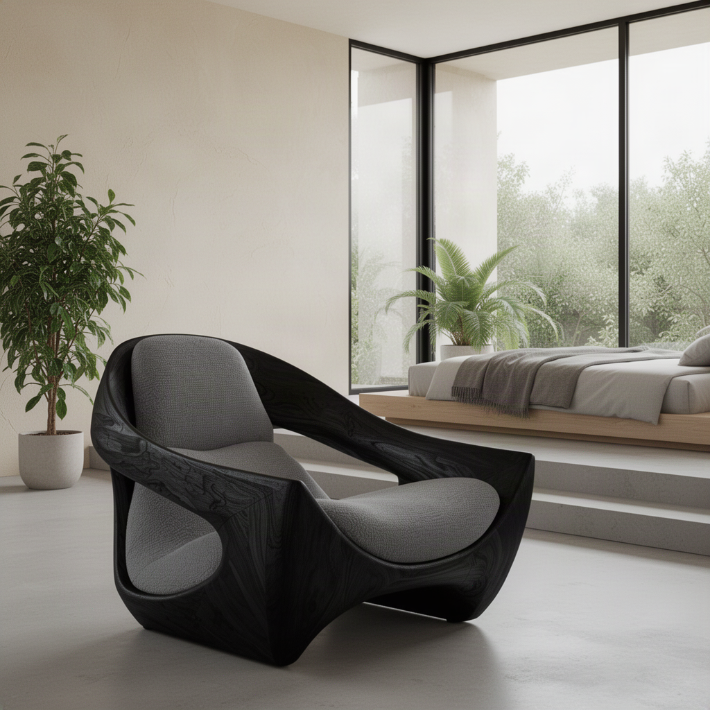 Black wood Cradle lounge chair with grey upholstered cushions in a modern minimalist bedroom