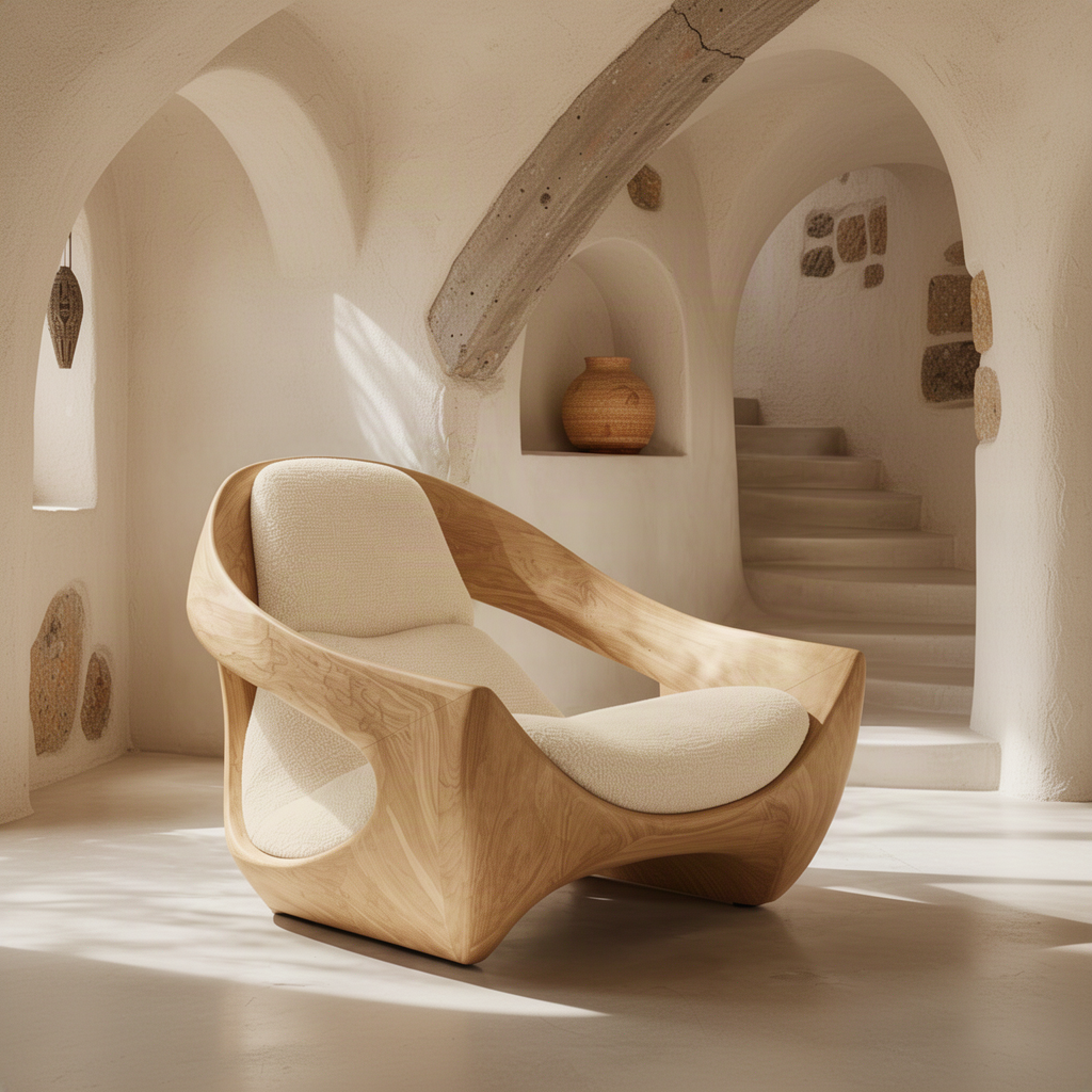 Oak Cradle sculptural wood lounge chair in a sunlit Mediterranean style room with stone arches