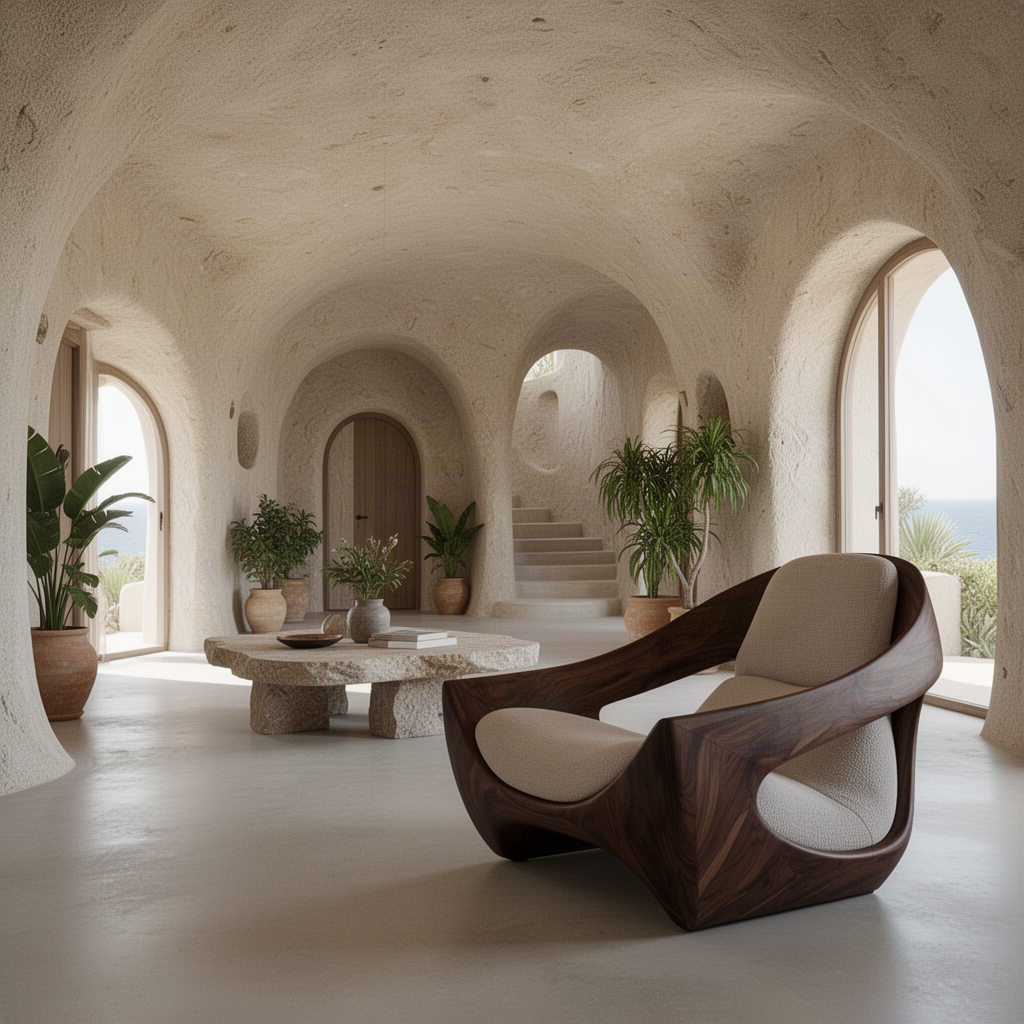 Walnut Cradle carved accent chair beside a stone coffee table in an arched organic modern living room