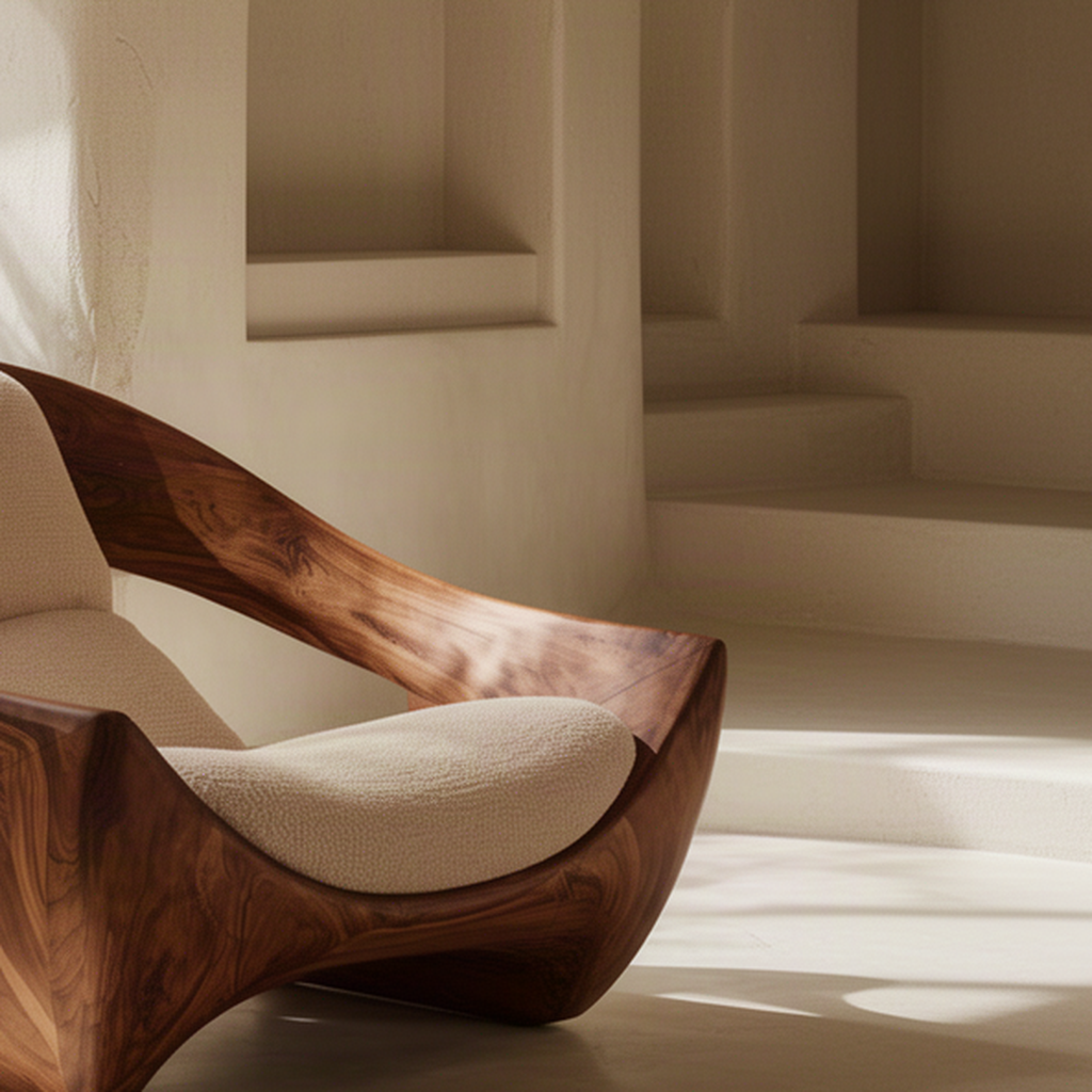Close-up of Cradle lounge chair walnut wood grain, curved arm and textured upholstered seat cushion