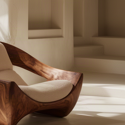 Close-up of Cradle lounge chair walnut wood grain, curved arm and textured upholstered seat cushion