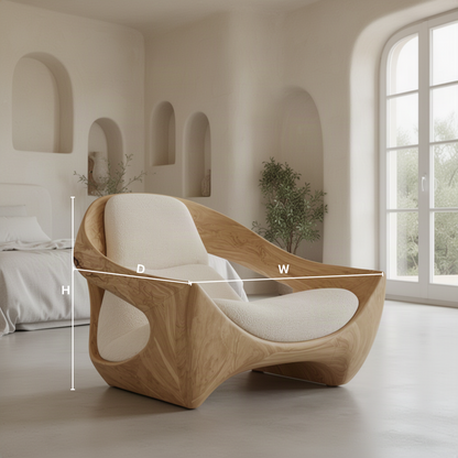 Cradle sculptural wood lounge chair dimensions diagram showing height, width and depth