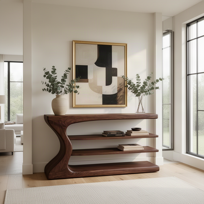 Curvana sculptural wood console table in Walnut with flowing curved side, live edge top and two open shelves