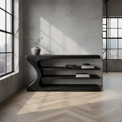 Curvana sculptural wood console table in Black with sculpted wave side and open shelves in an industrial loft