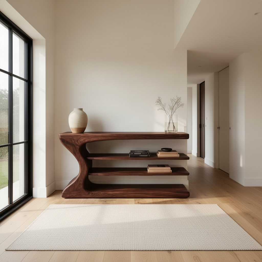 Curvana sculptural wood console table in rich Brown finish displaying decor and books in a light-filled modern hallway