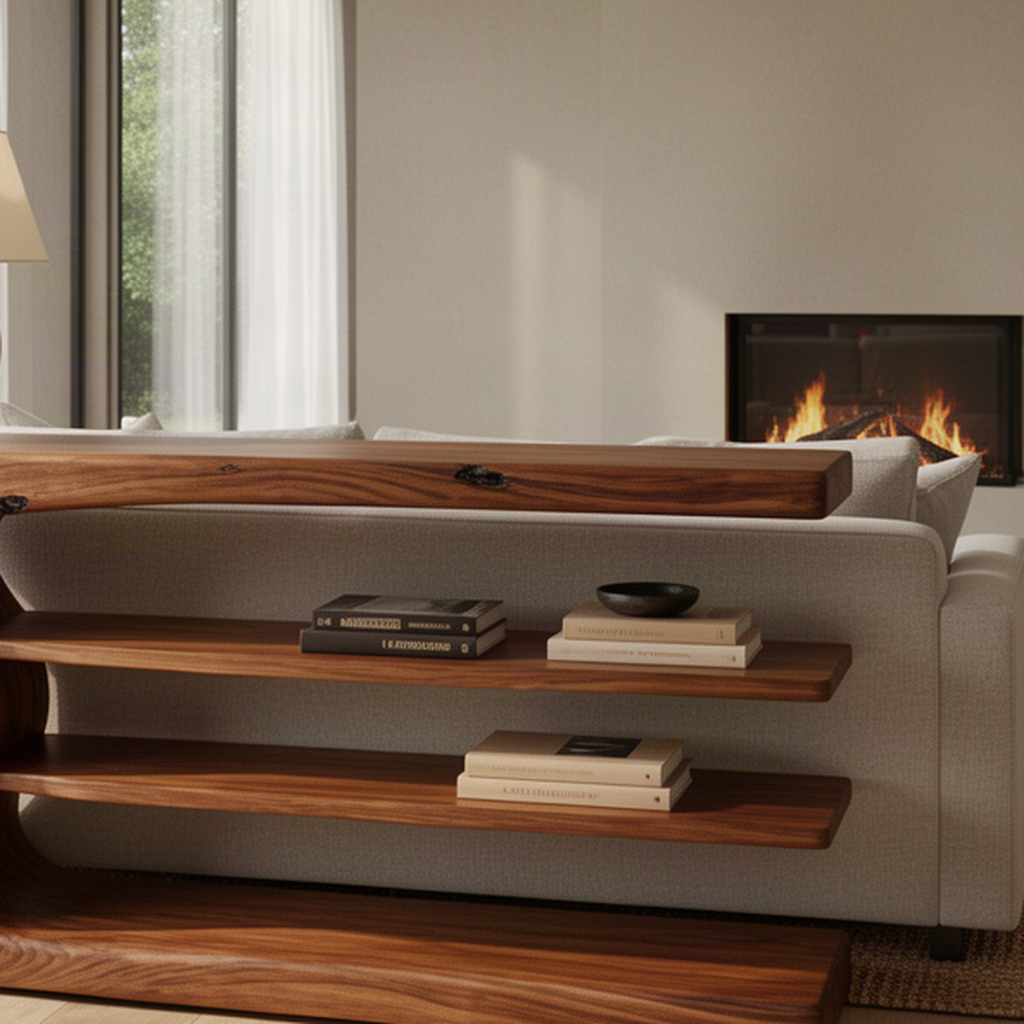 Close-up of Curvana wood console table live edge top and open shelves showing natural solid wood grain behind a sofa