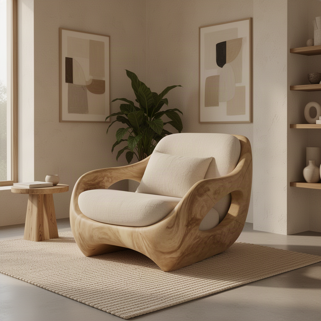 Nestora sculptural wood lounge chair in Oak with cocoon shell, carved side openings and cream cushions in a living room