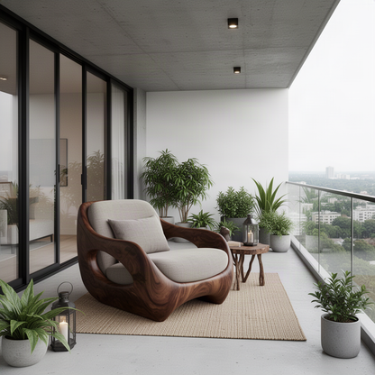 Nestora sculptural wood lounge chair in Walnut with cocoon wraparound shell and upholstered seat cushion and back pillow