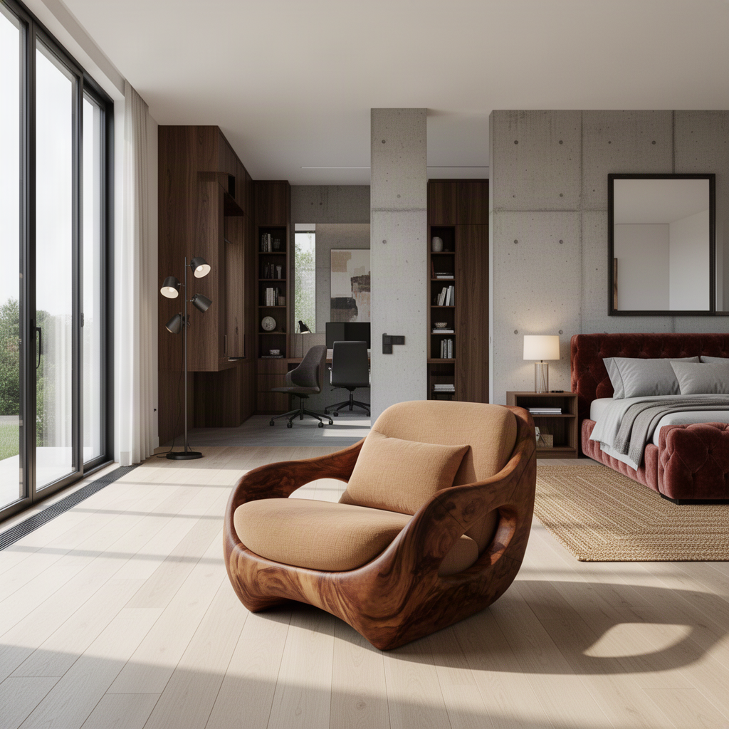 Nestora sculptural wood lounge chair in Brown finish with carved oval side openings and plush cushions as reading chair