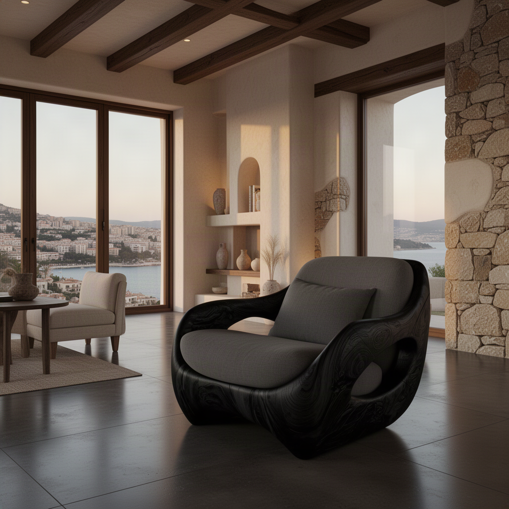 Nestora sculptural wood lounge chair in Black with cocoon shell and charcoal cushions in a Mediterranean living room