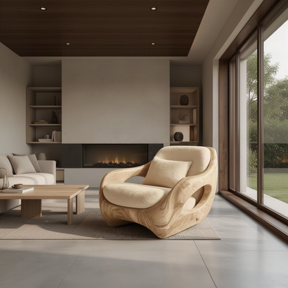 Nestora cocoon wood lounge chair in Oak beside a fireplace in a modern living room with sculptural carved side openings