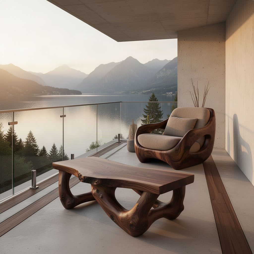 Nestora sculptural wood lounge chair in Brown on a covered lake view terrace paired with a live edge wood coffee table