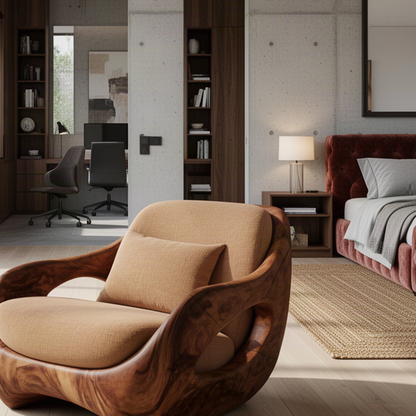 Close-up of Nestora wood lounge chair showing natural solid wood grain, carved side opening and upholstered seat cushion