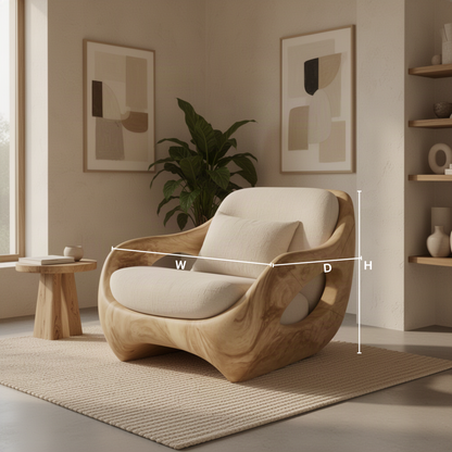 Nestora sculptural wood lounge chair dimensions diagram showing width, depth and height of the Oak cocoon accent chair
