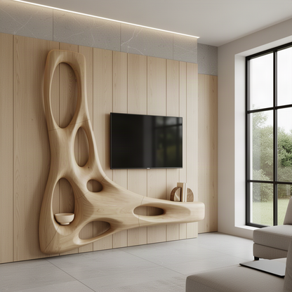Vesora sculptural wood TV wall unit in Oak with L-shaped floating form and oval cutouts on a wood-paneled wall