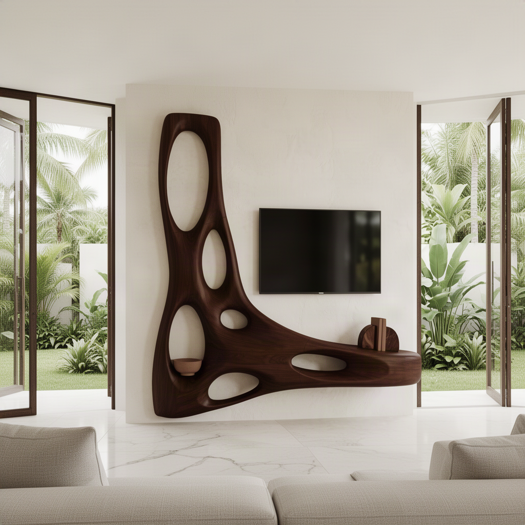Vesora sculptural wood TV wall unit in Walnut with flowing upright, floating media shelf and organic cutouts