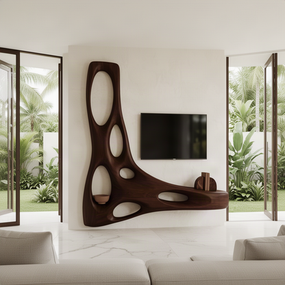Vesora sculptural wood TV wall unit in Walnut with flowing upright, floating media shelf and organic cutouts