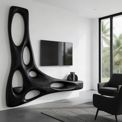 Vesora sculptural wood TV wall unit in Black with L-shaped floating form and carved organic openings