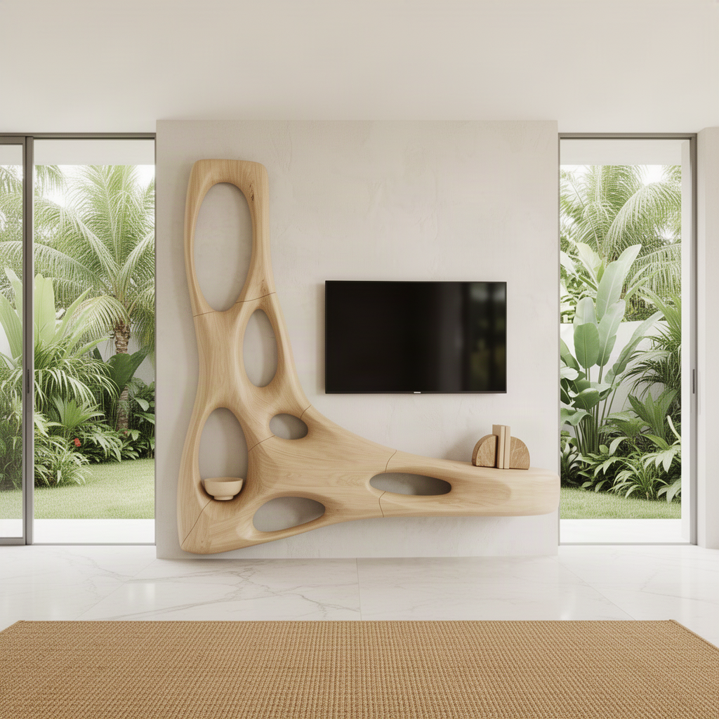 Vesora Oak sculptural TV wall unit on a white wall in a bright tropical living room with garden views