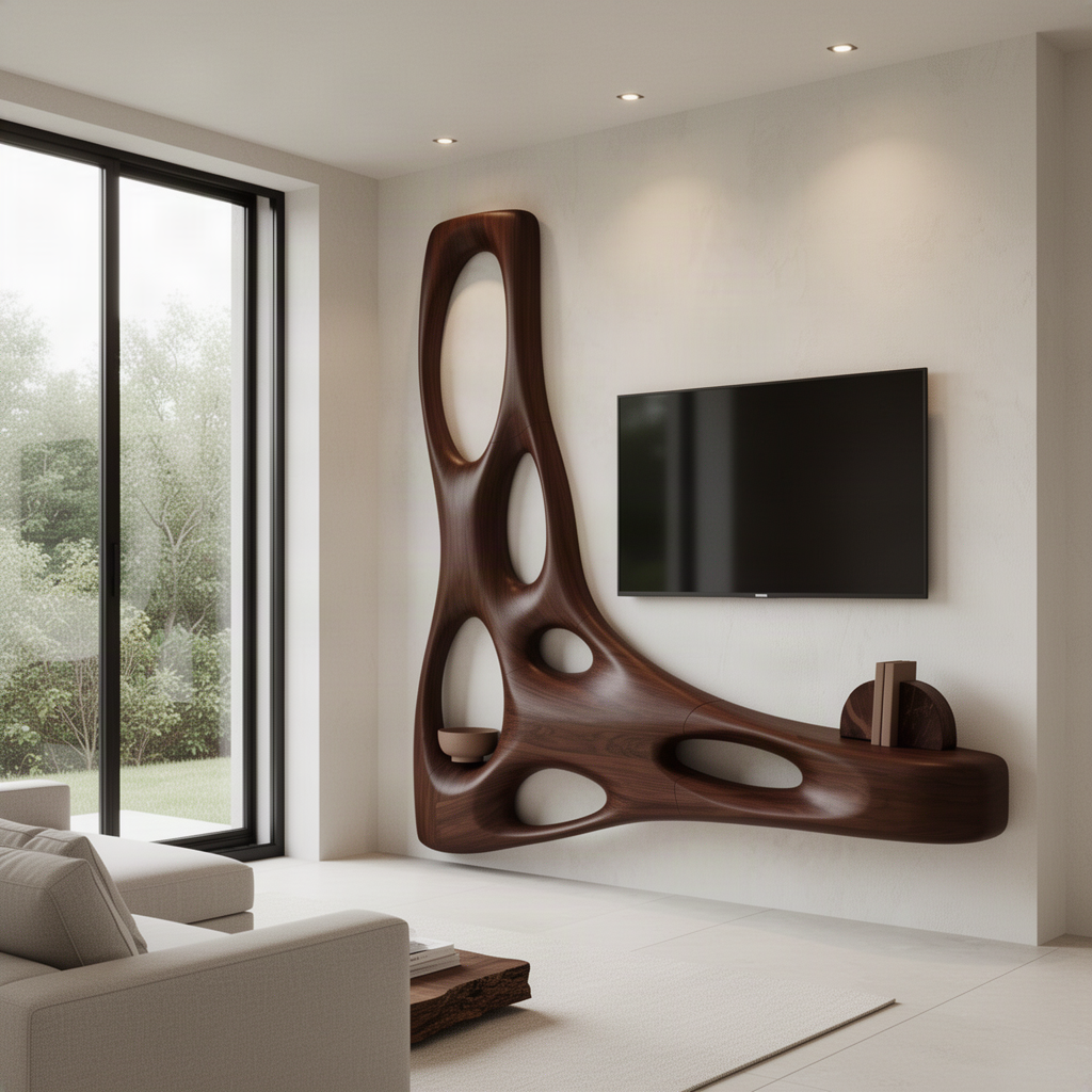 Vesora sculptural wood TV wall unit in rich Brown finish framing a TV in a calm modern living room